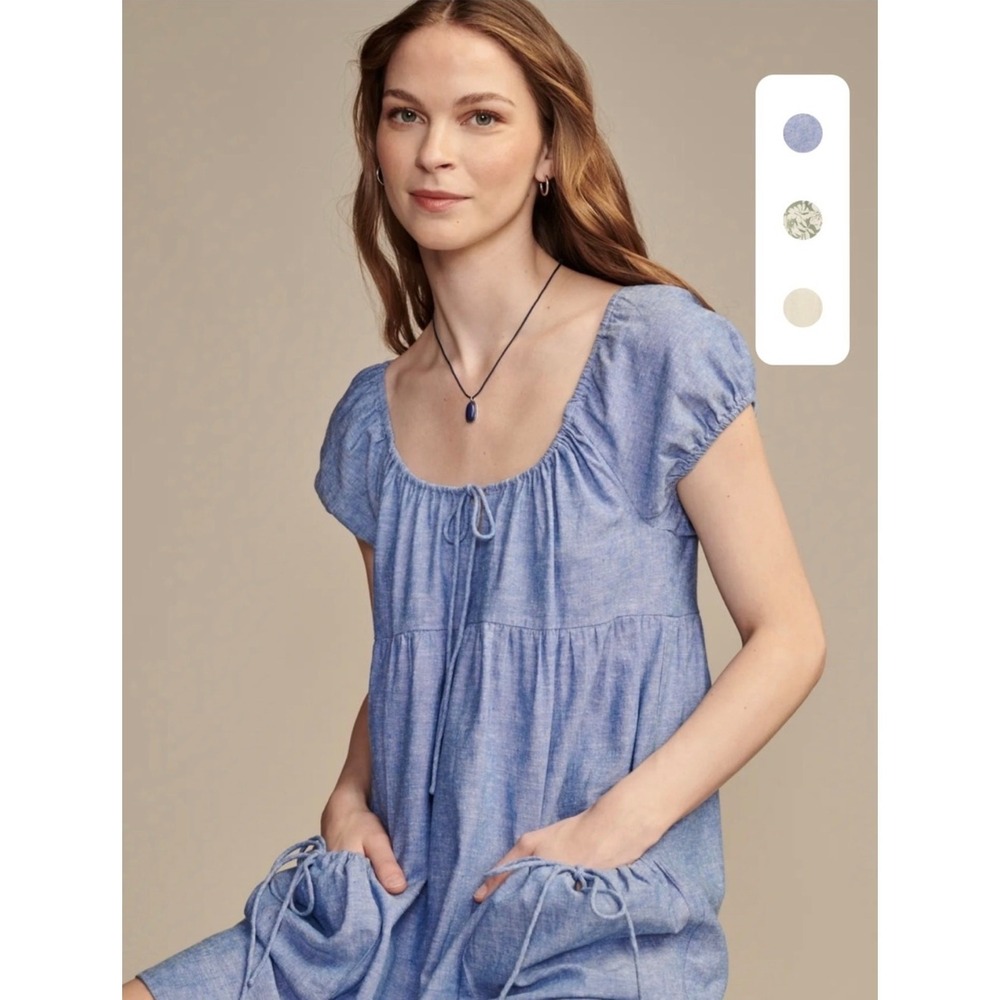 Lucky Brand Blue Chambray Puff Sleeve Mini Dress NWT Tie Front Pockets SMALL